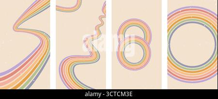 Set mit groovigen Regenbogenlinien und runden Elementen. Cover in Vintage-Farben mit gewellten Bogenstreifen für Social Media-Sammlungen. Verspieltes Wellengewölbe Stock Vektor