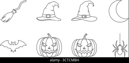 Halloween-Ikonen, Hexenhüte, Kürbisse, Spinne, Fledermaus, Besen und Mond im Skizzenstil für Halloween-Design Stock Vektor