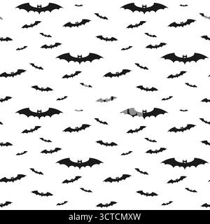 Fliegende gruselige schwarze Silhouetten Fledermäuse auf weißem Hintergrund, Halloween-Muster. Vektorabbildung Stock Vektor