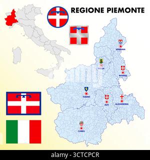 Piemont, Piemont, Italien, regionale Karte und Symbole der Region und Städte, Vektorillustration Stock Vektor