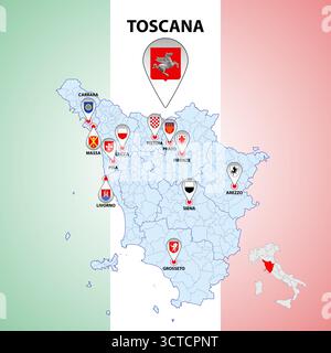 Toskana, Toskana, Italien, Regionalkarte und Symbole der Region und Städte, Vektorillustration Stock Vektor