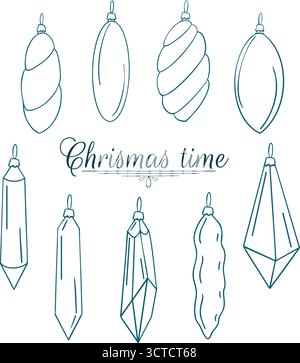 Set mit 9 hängenden Weihnachtsbaumdekorationen. Weihnachtsbaumschmuck. Stock Vektor