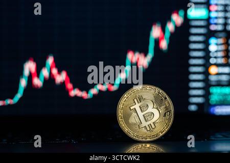 Eine symbolische Bitcoin Münze ist auf einem Laptop vor einem Bitcoin Chart zu sehen. Die Kryptowährung befindet sich auf einem Rekordhoch und hat erstmals die Marke von 125,000 US-Dollar überschritten. Rottweil Baden-Württemberg Deutschland *** Eine symbolische Bitcoin-Münze ist auf einem Laptop vor einem Bitcoin-Chart zu sehen die Kryptowährung befindet sich auf einem Rekordhoch und hat erstmals die 125.000 US-Dollar-Marke überschritten Rottweil Baden-Württemberg Deutschland Stockfoto