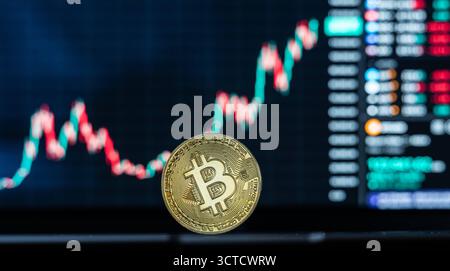 Eine symbolische Bitcoin Münze ist auf einem Laptop vor einem Bitcoin Chart zu sehen. Die Kryptowährung befindet sich auf einem Rekordhoch und hat erstmals die Marke von 125,000 US-Dollar überschritten. Rottweil Baden-Württemberg Deutschland *** Eine symbolische Bitcoin-Münze ist auf einem Laptop vor einem Bitcoin-Chart zu sehen die Kryptowährung befindet sich auf einem Rekordhoch und hat erstmals die 125.000 US-Dollar-Marke überschritten Rottweil Baden-Württemberg Deutschland Stockfoto