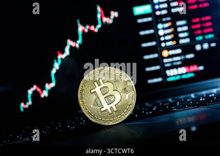 Eine symbolische Bitcoin Münze ist auf einem Laptop vor einem Bitcoin Chart zu sehen. Die Kryptowährung befindet sich auf einem Rekordhoch und hat erstmals die Marke von 125,000 US-Dollar überschritten. Rottweil Baden-Württemberg Deutschland *** Eine symbolische Bitcoin-Münze ist auf einem Laptop vor einem Bitcoin-Chart zu sehen die Kryptowährung befindet sich auf einem Rekordhoch und hat erstmals die 125.000 US-Dollar-Marke überschritten Rottweil Baden-Württemberg Deutschland Stockfoto
