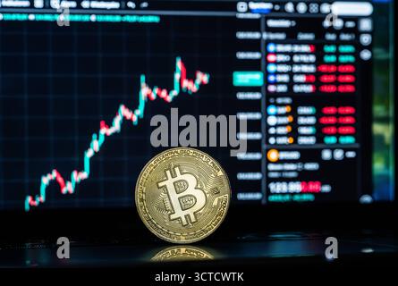 Eine symbolische Bitcoin Münze ist auf einem Laptop vor einem Bitcoin Chart zu sehen. Die Kryptowährung befindet sich auf einem Rekordhoch und hat erstmals die Marke von 125,000 US-Dollar überschritten. Rottweil Baden-Württemberg Deutschland *** Eine symbolische Bitcoin-Münze ist auf einem Laptop vor einem Bitcoin-Chart zu sehen die Kryptowährung befindet sich auf einem Rekordhoch und hat erstmals die 125.000 US-Dollar-Marke überschritten Rottweil Baden-Württemberg Deutschland Stockfoto