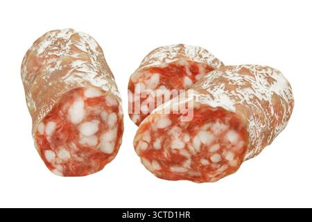 Salami, die isoliert auf weißem Hintergrund Stockfoto