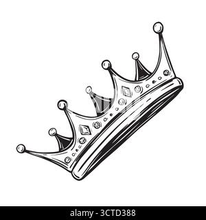 Lineare grafische Darstellung einer Krone isoliert auf weißem Hintergrund. Vektortinte Vintage Gravur Illustration. Handgezeichnet in einer monochromen Grafik Stock Vektor