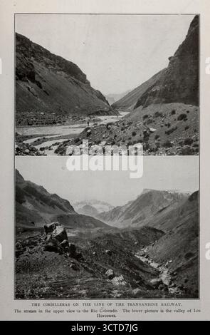 DIE KORDILLEREN AUF DER STRECKE DER TRANSANDINER EISENBAHN. Der Fluss in der oberen Ansicht ist der Rio Colorado. Das untere Bild ist das Tal von Los Horcones. Aus dem Artikel DIE INDUSTRIELLE ZUKUNFT CHILES IM ZUSAMMENHANG MIT DEM PANAMAKANAL von G. Fred. Collins vom Engineering Magazine widmet sich dem industriellen Fortschritt Band XXVII April - September 1904 The Engineering Magazine Co Stockfoto