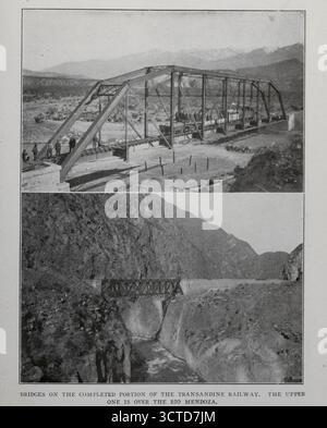 BRÜCKEN AUF DEM FERTIGGESTELLTEN TEIL DER TRANSANDINER EISENBAHN. DER OBERE LIEGT ÜBER DEM RIO MENDOZA. Aus dem Artikel DIE INDUSTRIELLE ZUKUNFT CHILES IM ZUSAMMENHANG MIT DEM PANAMAKANAL von G. Fred. Collins vom Engineering Magazine widmet sich dem industriellen Fortschritt Band XXVII April - September 1904 The Engineering Magazine Co Stockfoto