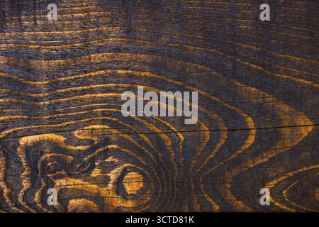 Entdecken Sie abstrakte Muster auf einer dunkel gebeizten Holzoberfläche mit unglaublichen Details Stockfoto