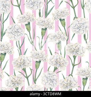 Nahtloses Aquarellmuster mit weißen Nelken auf rosa gestreiftem Hintergrund. Handgemalte zarte Blüten am Stiel mit verzierten Blättern für Tapeten Stockfoto