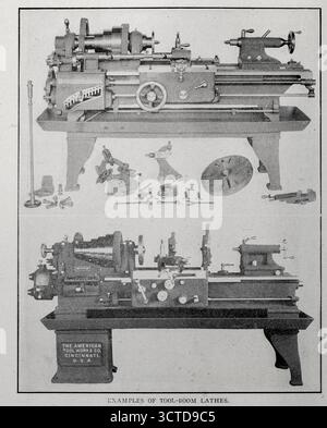 PROBEN VON WERKZEUGDREHMASCHINEN. Die oben genannte ist eine Hendey-Norton 16-Zoll-Schaukel, die in beliebiger Länge des Bettes hergestellt wurde, mit Entlastungsaufsatz, um automatisch Abstand zu den Zähnen von Kochplatten, Mühlen und Formfräsern zu entfernen. Er verfügt über einen Bereich von 2 bis 26 Teilungen und kann in einem beliebigen Winkel von bis zu 30 Grad eingestellt werden, um die Seiten der Zähne abzuheben. Die untere Abbildung zeigt eine 16-Zoll-Drehmaschine mit Wanne, Einzugszange und Spannfutter von American Tool Works Co., Cincinnati, Ohio. AUS DEM ARTIKEL DER WERKZEUGRAUM UND SEINE FUNKTIONEN IN KOSTENSENKUNG. Von John Ashford. Aus dem Engineering Magazine, das Indust gewidmet ist Stockfoto