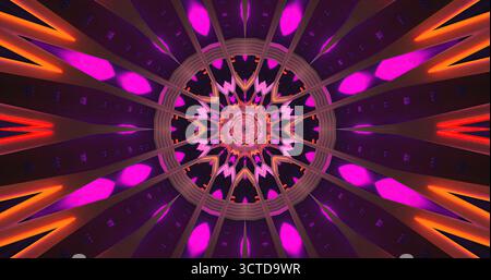 Ein farbenfrohes abstraktes Design mit leuchtenden rosa, orangen und lila Strahlen, die nach außen strahlen. Die komplizierten Muster erzeugen ein faszinierendes und dynamisches e Stockfoto