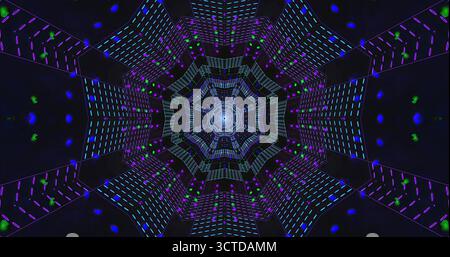 Bunte Lichter und geometrische Formen bilden einen faszinierenden Tunnel, der den Betrachter in ein lebendiges Display hineinzieht. Die Szene zeigt eine Reihe von blauen, grünen, Stockfoto