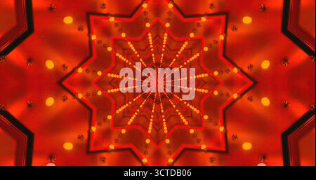 Dieses leuchtende Design verfügt über ein sternförmiges Kaleidoskop-Muster in leuchtendem Rot mit leuchtenden Lichtern. Stockfoto
