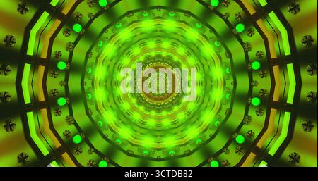 Das komplizierte Design zeigt leuchtende Grüntöne in kreisförmigen Mustern. Das Bild zeigt Spiralen, umgeben von leuchtenden Kreisen, die ein Mesmeri erzeugen Stockfoto