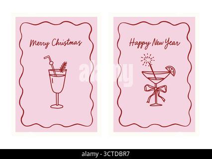 Set aus handgezeichnetem Vintage-Doodle Merry Christmas, Happy New Year-Kartenset. Partydesign, skurrile Grenzen, Cocktailgetränke im Coquette-Stil Stock Vektor