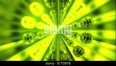 Das hellgrüne abstrakte Design zeigt kreisförmige Muster und dynamische Lichtstrahlen, die sich nach außen erstrecken. Die Komposition erzeugt ein energetisches und lebendiges V Stockfoto