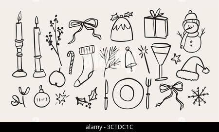 Weihnachtsset mit skurrilen, handgezeichneten Wintersymbolen für Grußkarten und Partyeinladungen. Niedliche Kokette Doodle Stil Vektor Illustrationen. Essen, Trinken Stock Vektor