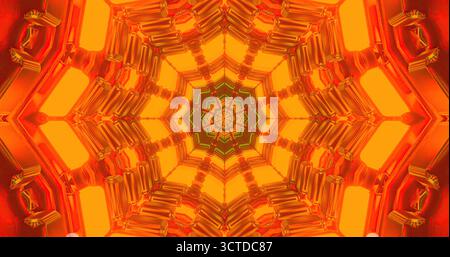 Dieses Bildmaterial verfügt über ein lebendiges Muster mit komplexen Formen und warmen Farben, die sich harmonisch vermischen. Das Design ähnelt einem Kaleidoskop, wodurch ein s entsteht Stockfoto