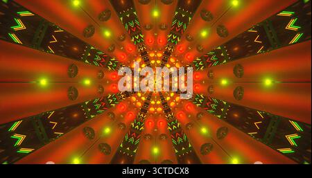 Dieses Kunstwerk besticht durch ein markantes Spiraldesign mit hellen Lichtern und Farben. Die leuchtenden Rot-, Grün- und Gelbtöne sorgen für einen faszinierenden Effekt Stockfoto