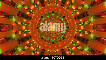 Ein lebhaftes Spiralmuster zeigt leuchtende rote, orange und grüne Lichter. Dieses Design erzeugt ein dynamisches visuelles Erlebnis, das den Betrachter in seine Farbpalette zieht Stockfoto
