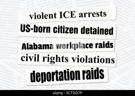 Massendeportationsangriffe in den USA. Bürgerdeportationen und ICE-RAID-Nachrichten. Schlagzeilen aus Zeitungen. Stock Vektor