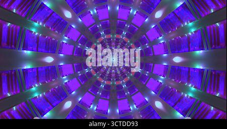 Lebendiges Tunneldesign mit wirbelnden Mustern und dynamischer Beleuchtung in Violett- und Grüntönen. Die Lichter sorgen für ein faszinierendes Erlebnis Stockfoto