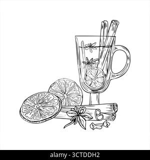 Heißer Weihnachtsglühwein in Glasbecher mit Orangenscheiben, Zimtstangen, Sternanis und Nelkengewürze Vektor isolierte Illustration. Stock Vektor