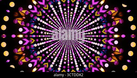 Das lebendige und farbenfrohe geometrische Design zeigt kreisförmige und dreieckige Formen, die nach außen ausstrahlen. Die Muster verwenden Lila, Gelb und Blak Stockfoto
