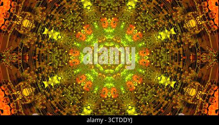 Ein lebendiges Kaleidoskop-Design mit komplexen Mustern und hellen Farben zeigt florale Formen und geometrische Formen in einem abstrakten Arrangement. Stockfoto