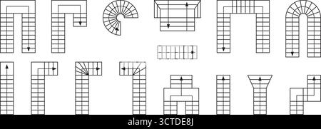 Satz Treppensymbole mit Richtungspfeilen für den Grundriss. Treppensymbole für Innenarchitektur. Treppenelemente für Architekturentwürfe Stock Vektor