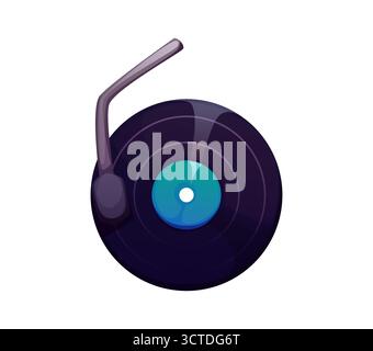 Zeichentricknummer sechs mathematisches Symbol als Plattenspieler mit Vinyl- und Tonarm, Musikschrift, Schriftart für Musikinstrumente, lustige Art für Unterhaltung. Vektorziffer 6 als Retro-Plattenspieler-Disc-Audiogerät Stock Vektor