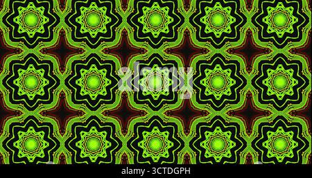 Das komplizierte Design zeigt ein sich wiederholendes geometrisches Muster mit Sternformen in hellgrüner Farbe vor dunklem Hintergrund, was ein lebhaftes und dynamisches VI erzeugt Stockfoto