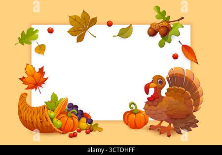 Thanksgiving Herbst Ernte Vektor Banner mit Zeichentrick truthahn, Reifen Kürbis, Kornukopie gefüllt mit Trauben, Äpfeln, Birne und Herbstlaub um Rahmen. Erntedankfest-Grußkarte Stock Vektor