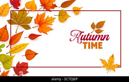 Herbstzeit Banner oder Grußkarte mit Rahmen aus verstreuten Blättern, Vektorhintergrund. Herbstgrußkarte mit Rahmen aus Ahorn-, Eichen-, Kastanien-, Birken- und Espenblättern oder Herbstlaub Stock Vektor