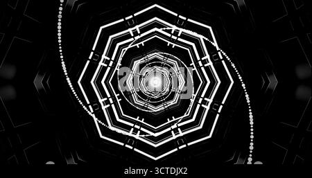 Das geometrische Spiraldesign zeigt kontrastierende weiße Linien, die auf schwarzem Hintergrund zur Mitte hin zusammenlaufen. Die komplizierten Formen erzeugen eine faszinierende Atmosphäre Stockfoto