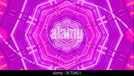 Ein auffälliges geometrisches Muster in kräftigen Rosa-Tönen sorgt für einen faszinierenden Tunneleffekt. Die Konstruktion besteht aus sechseckigen Formen und kreisförmigen Elementen, die erzeugen Stockfoto