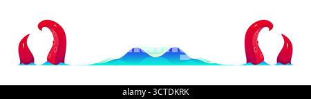 Marine- und nautische Trennwände, Grenzrahmen für Piraten und Korsair, seeräuberische Dekoration mit Meeresmonstertentakeln, die von den Meereswellen aufsteigen. Cartoon-Vektor-Fantasy-Separator, der maritime Legenden betont Stock Vektor