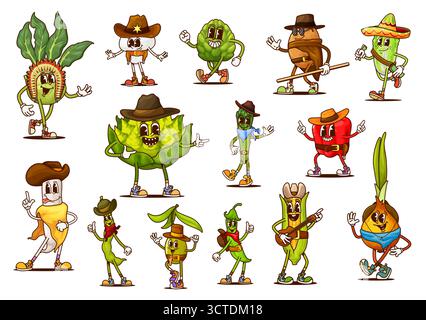 Cartoon-groovige Cowboy-, Sheriff- und Banditengemüse-Charaktere. Lustige Gemüse gesundes Essen Wild-West-Persönlichkeiten in westlichen Hüten und Stiefeln gekleidet, zeigen verspielte Gesten, Vektor-Set von Veggies Rancher Stock Vektor