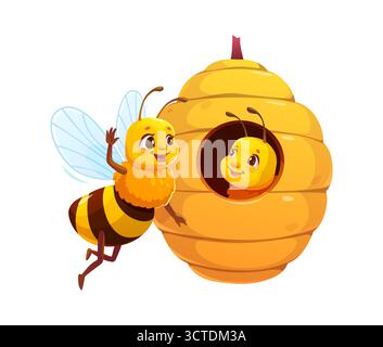 Cartoon-Honigbienen, die in der Nähe von Bienenstöcken interagieren. Freundliche Vektorbiene, die eine andere Biene begrüßt, die aus dem Bienenstock blickt, zeigt das Leben der süßen Bienenstöcke, den Gemeinschaftsgeist, die Freundschaft und die Imkerei Stock Vektor
