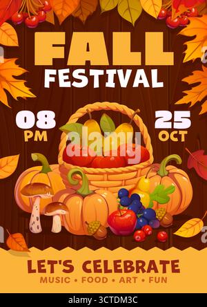 Herbst Herbst Festival Flyer mit Kürbissen, Pilzen, Beeren und Früchten Ernte und fallenden Blättern auf hölzernem Hintergrund. Festliche Einladung zum Feiern mit Musik, Essen und Spaß Stock Vektor
