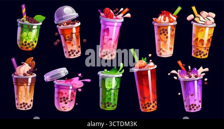Zeichentrickfilm Milchblase Teegläser mit Getränkespickel. Vektor-Set von Aromen wie weiße Schokolade, leckere Banane, Himbeere und Kondensmilch. Chocomix, Süßigkeiten, Grün, Creme, Trauben oder gesalzenes Karamell Stock Vektor