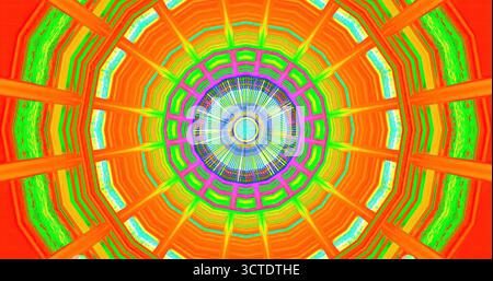 Lebendige Formen und Farben vereinen sich in einem auffälligen Design. Die Szene zeigt ein kreisförmiges Arrangement mit bunten Mustern und kräftigen Linien in Radiatin Stockfoto