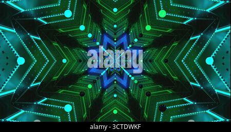 Helle Neonlichter sorgen für ein lebendiges, symmetrisches Design. Das komplizierte Muster zeigt verschiedene Blau-, Grün- und Schwarztöne und sorgt so für einen auffälligen Eindruck Stockfoto