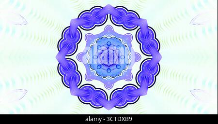 Das fesselnde Mandala-Design zeigt komplexe blaue und lila Muster, die in einer kreisförmigen Struktur angeordnet sind. Das Kunstwerk wirkt beruhigend und präsentiert sich Stockfoto