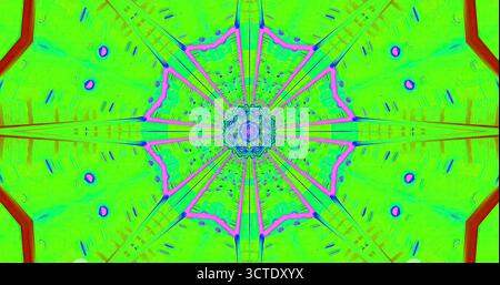 Ein helles und lebendiges Kaleidoskop-Design zeigt komplexe Muster in Grün-, Rosa- und Blautönen. Die symmetrischen Formen erzeugen ein faszinierendes VI Stockfoto