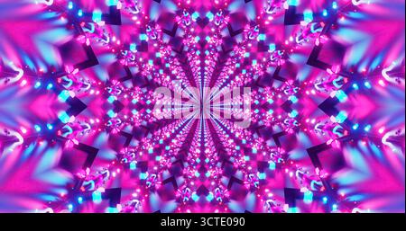 Wirbelnde Muster aus rosa und blauen Lichtern erzeugen einen faszinierenden Kaleidoskop-Effekt. Dieses lebendige Design zieht das Auge auf sich und weckt die Fantasie Stockfoto