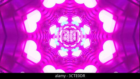 Das Kunstwerk zeigt ein farbenfrohes Kaleidoskop-Design mit lebhaften Rosa- und Blautönen. Das konzentrische Muster erzeugt einen faszinierenden visuellen Effekt, e Stockfoto